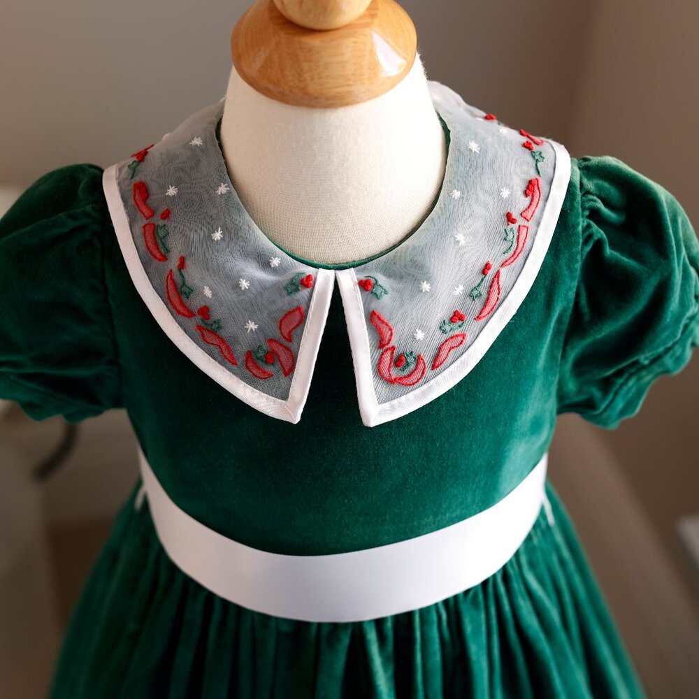 Strasburg Green Dress Cotton Velvet Organza Collar 24 Month/2T Vintage EUC